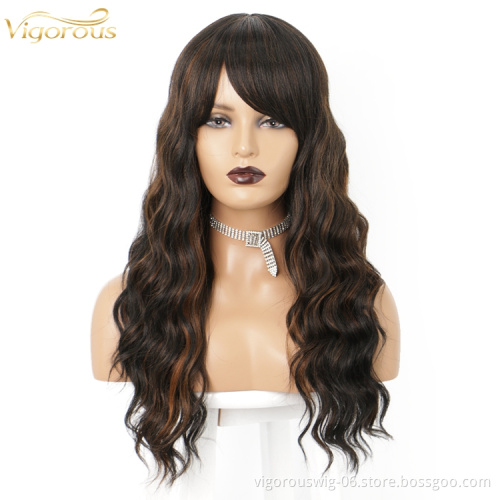 Vigorous loose wave curly long highlight brown hair with bang heat resistant synthetic fiber wig no lace front for women